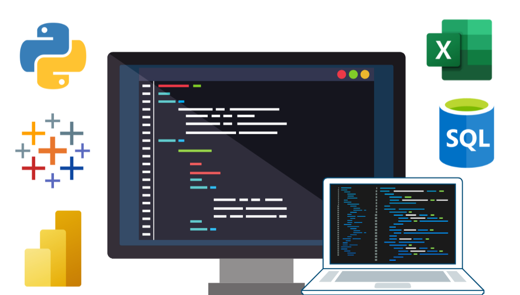 Monitor, laptop y logos de HTML, CSS, JavaScript y React.